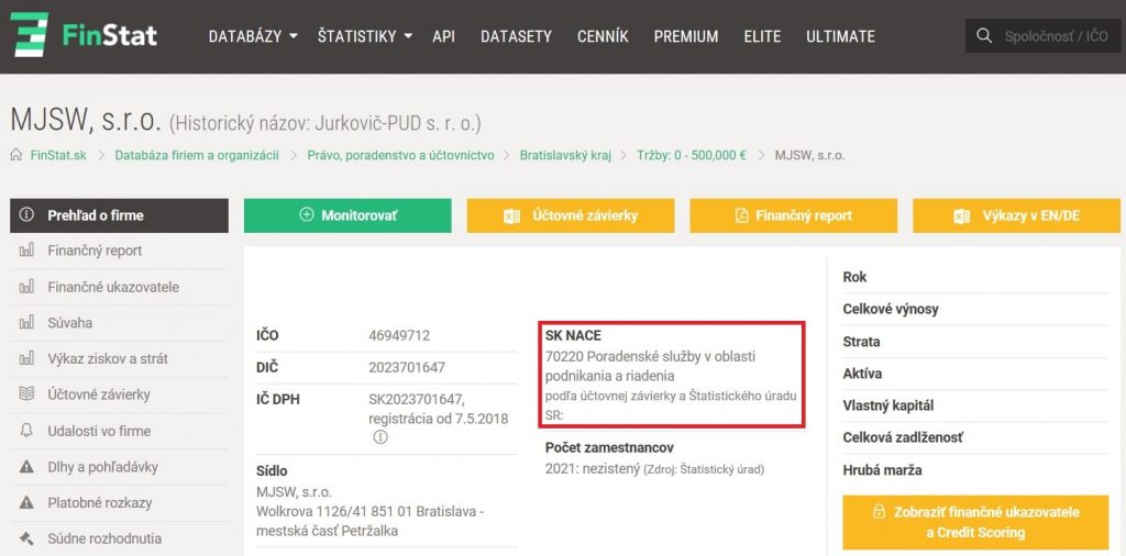 Zobrazenie SK NACE po vyhľadaní subjektu na www.finstat.sk