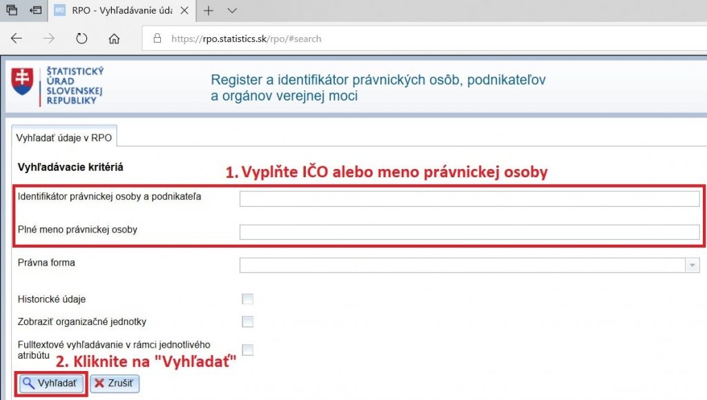 zadanie ICO alebo názov subjektu a kliknutie na Vyhľadať